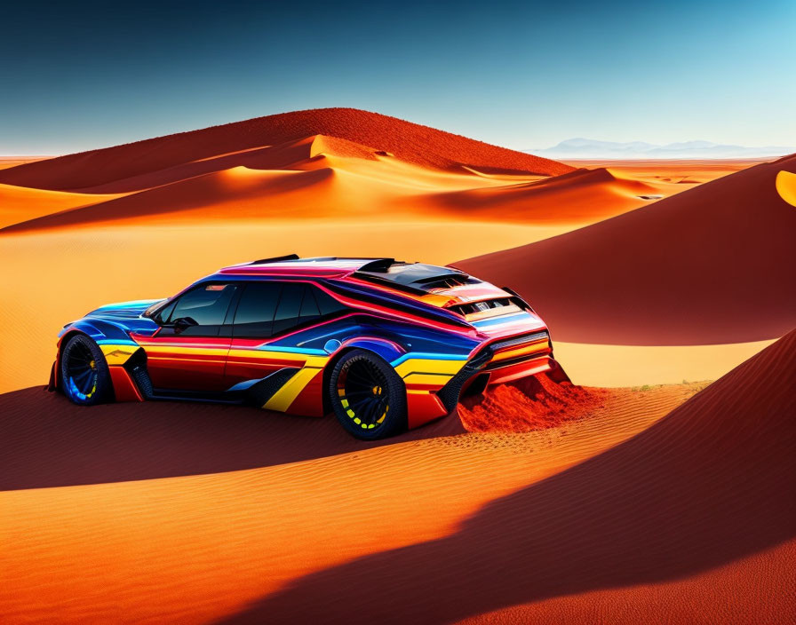 Colorful Off-Road Vehicle with Vibrant Stripes in Sandy Desert Dune