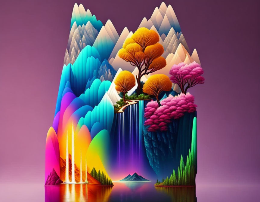 Colorful Stylized Mountain Landscape with Waterfall Reflection