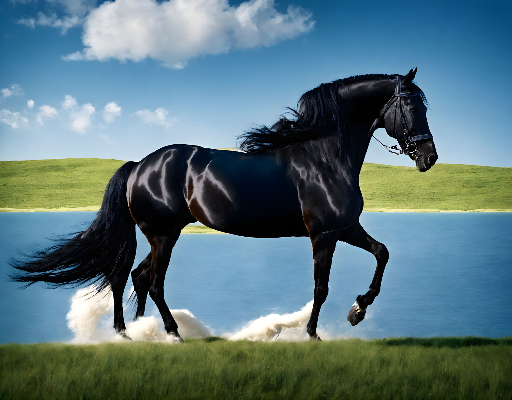 Majestic black horse galloping in green field under blue sky