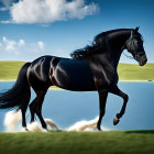 Majestic black horse galloping in green field under blue sky