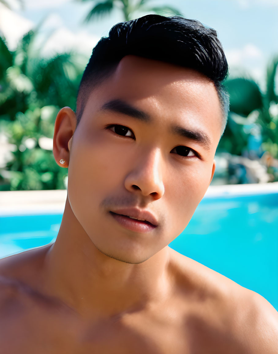 Portrait of Young Man with Neat Hairstyle and Earring Against Blue Sky and Pool