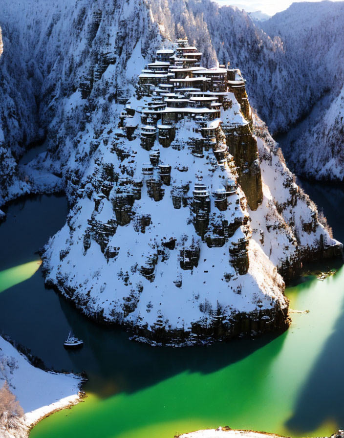 Emerald mountain lake with snow-covered cliffs and terraced hillsides