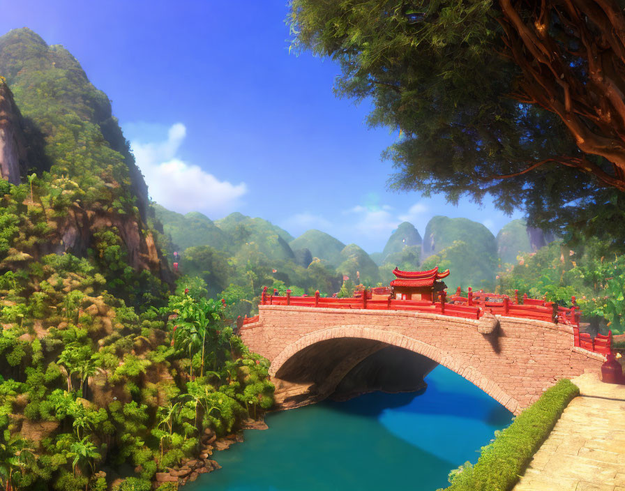 Tranquil landscape with red bridge, river, greenery, and mountains