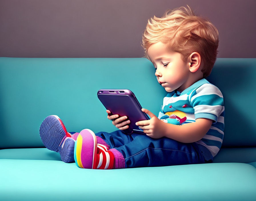 Child on Blue Sofa Engrossed with Smartphone