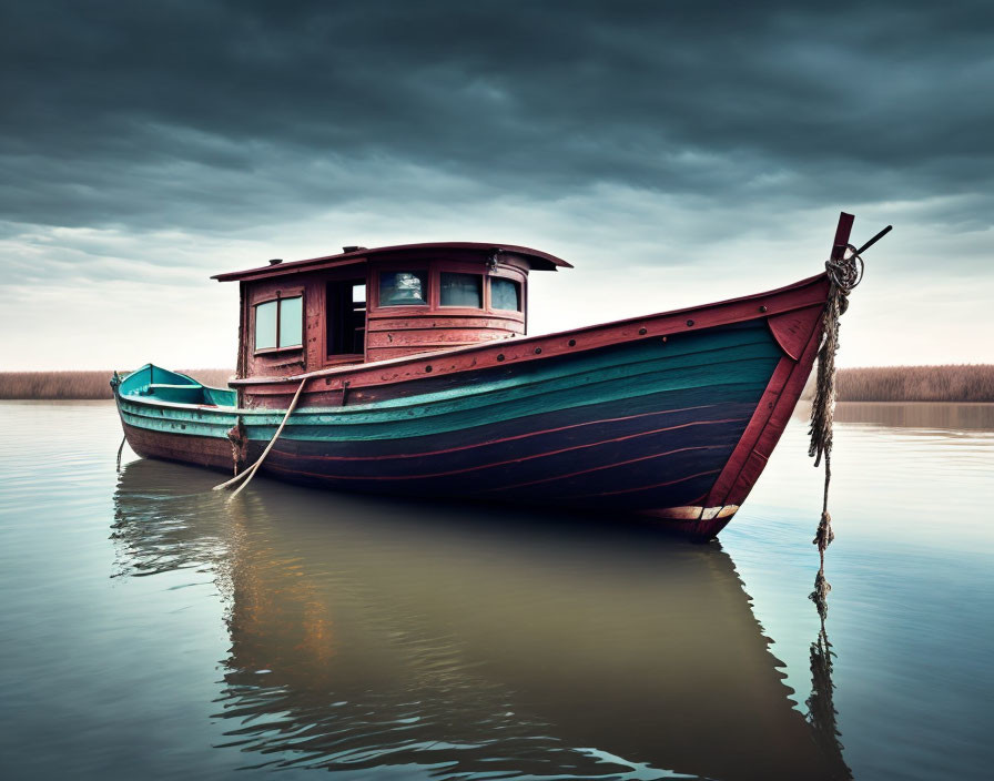 Colorful Wooden Boat Anchored on Calm Water with Overcast Skies