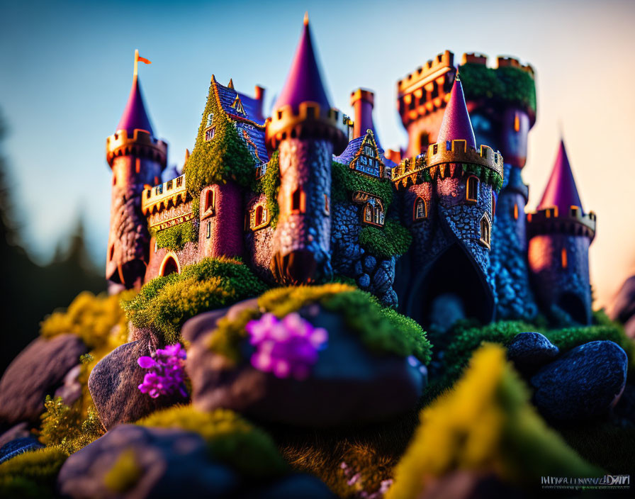 Fantasy castle with purple turrets in rocky landscape.