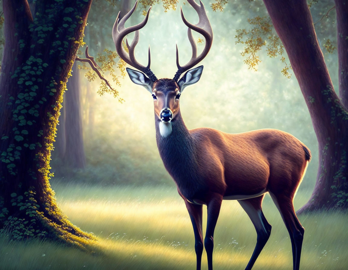 Majestic stag with large antlers in sunlit forest glade