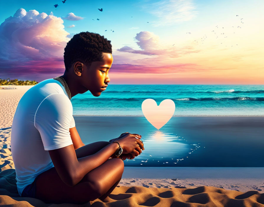 Person sitting on beach at sunset with heart-shaped reflection and birds in sky