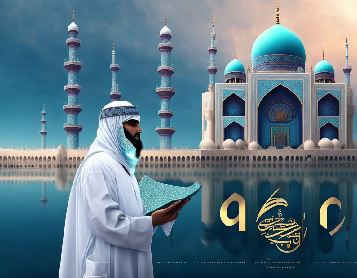 Traditional Emirati man reading Quran near ornate mosque by serene water