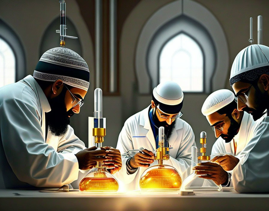 Islamic attired scientists in lab with glowing light.