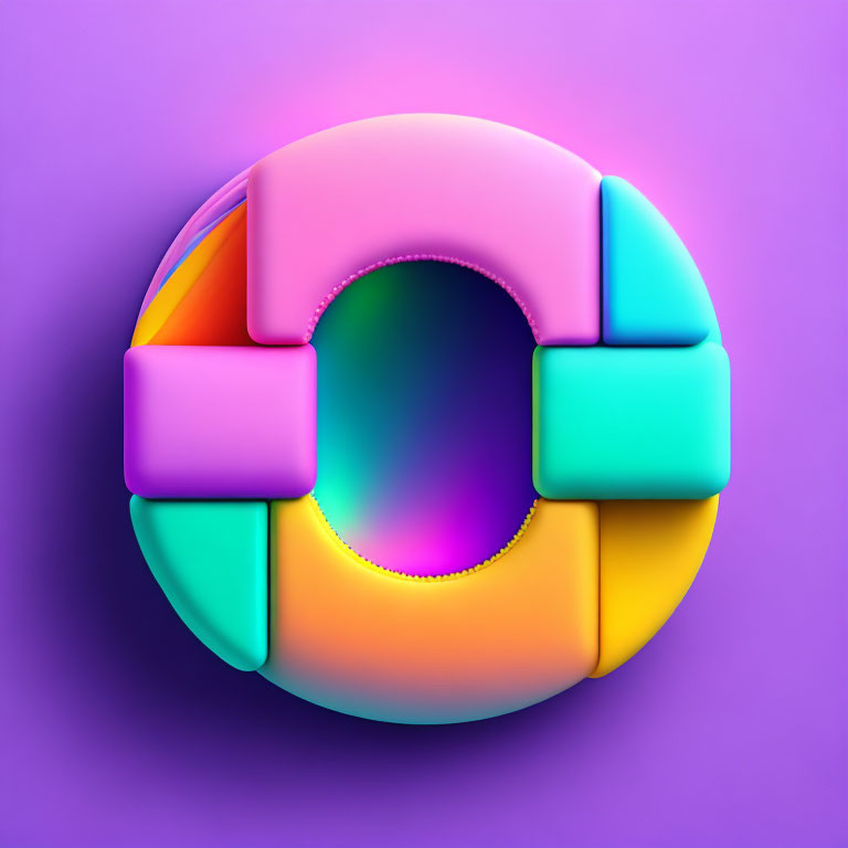 Colorful Abstract Sphere with Overlapping Shapes in Pastel Tones on Purple Background