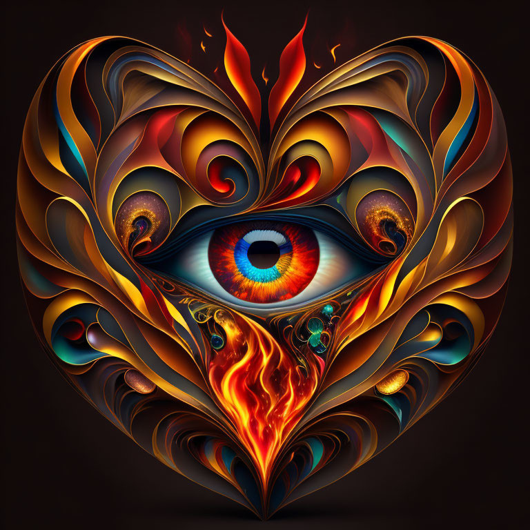 Colorful Heart-Shaped Flame Pattern with Eye on Dark Background