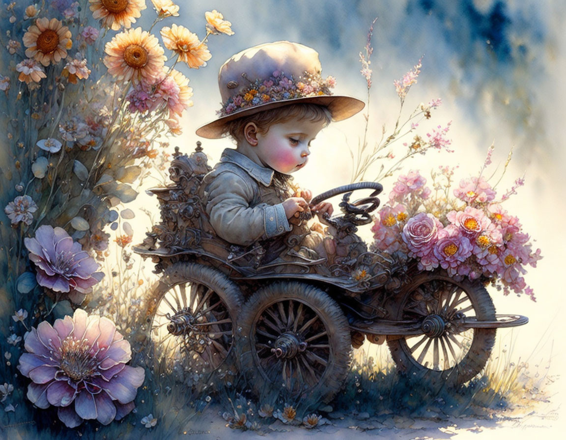 Child in flower-adorned wicker car with steering wheel, surrounded by soft-focused flowers.