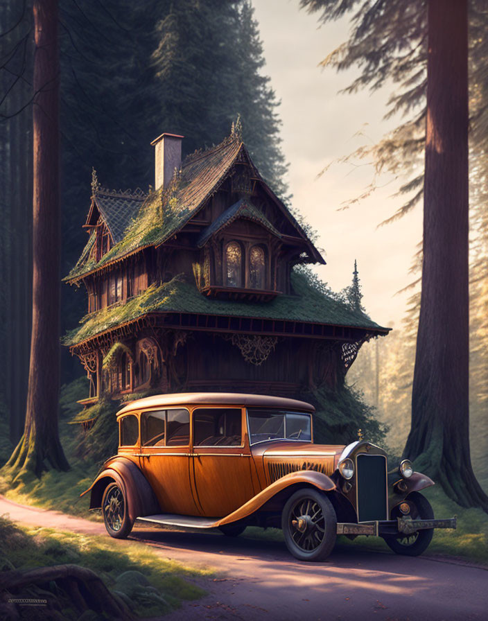 Vintage Car Parked Outside Forest Cottage Illustration