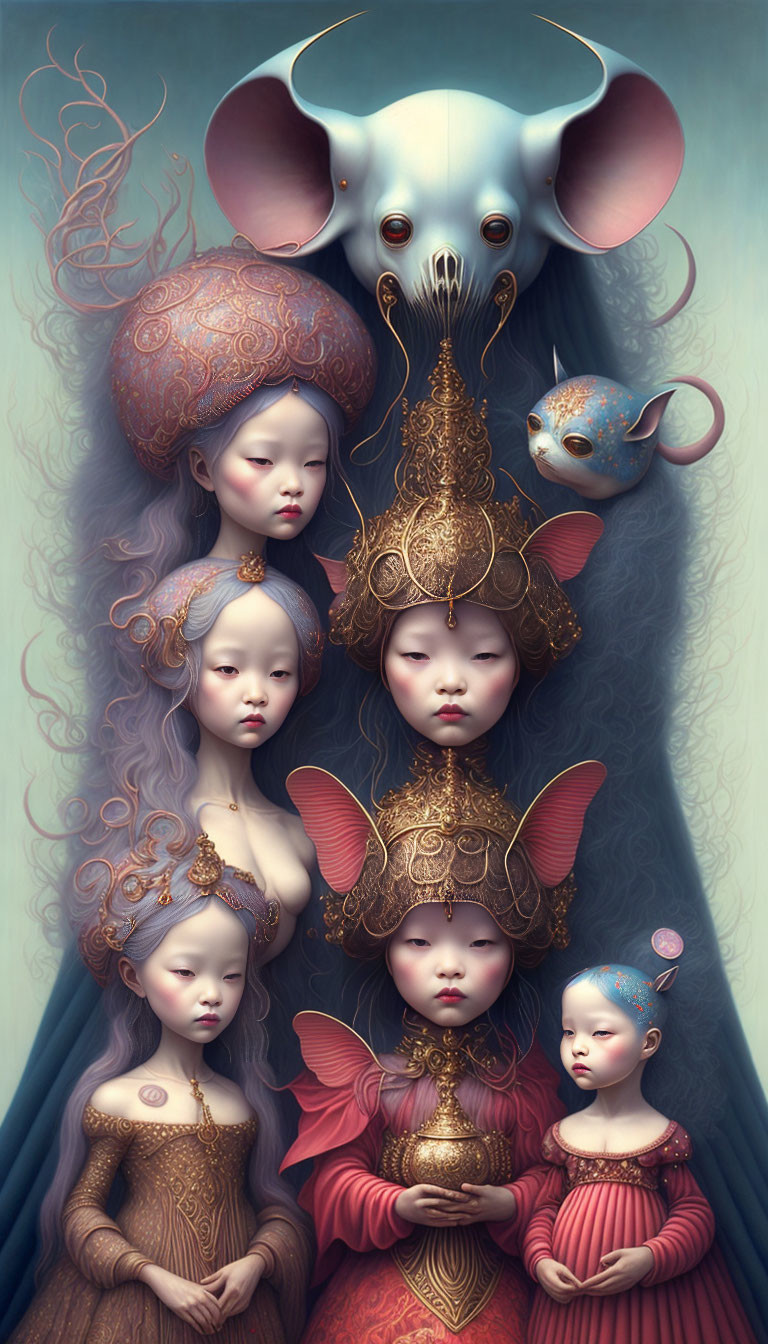 Surreal portrait with central figure, six ethereal children, ornate headpieces, and whims