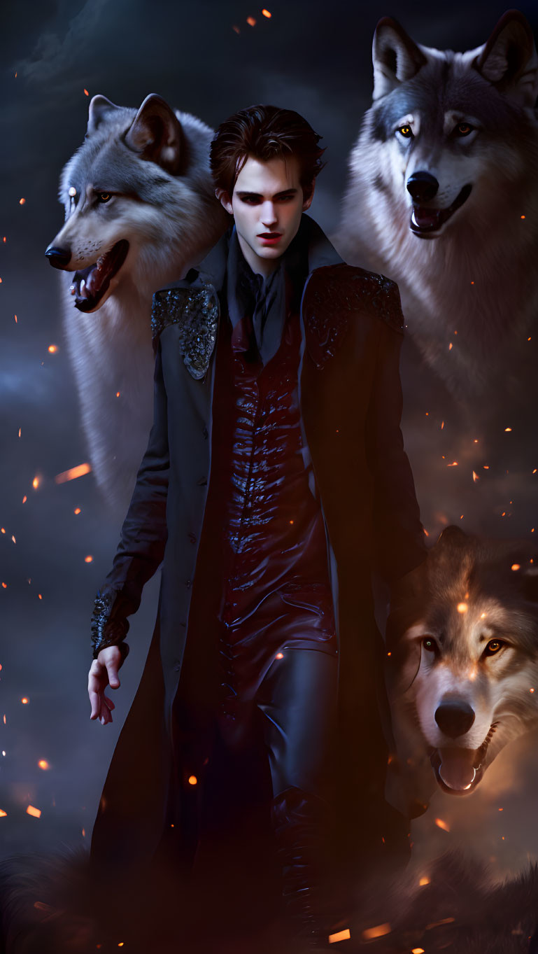 Intense man with three wolves in dark, ember-lit scene