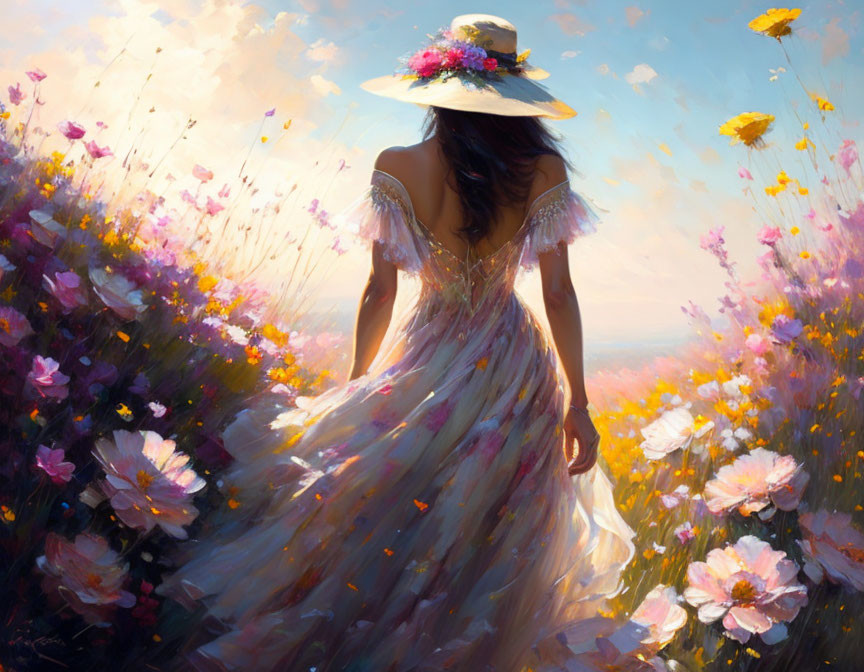 Woman in elegant dress strolling through vibrant flower field under warm sunlight