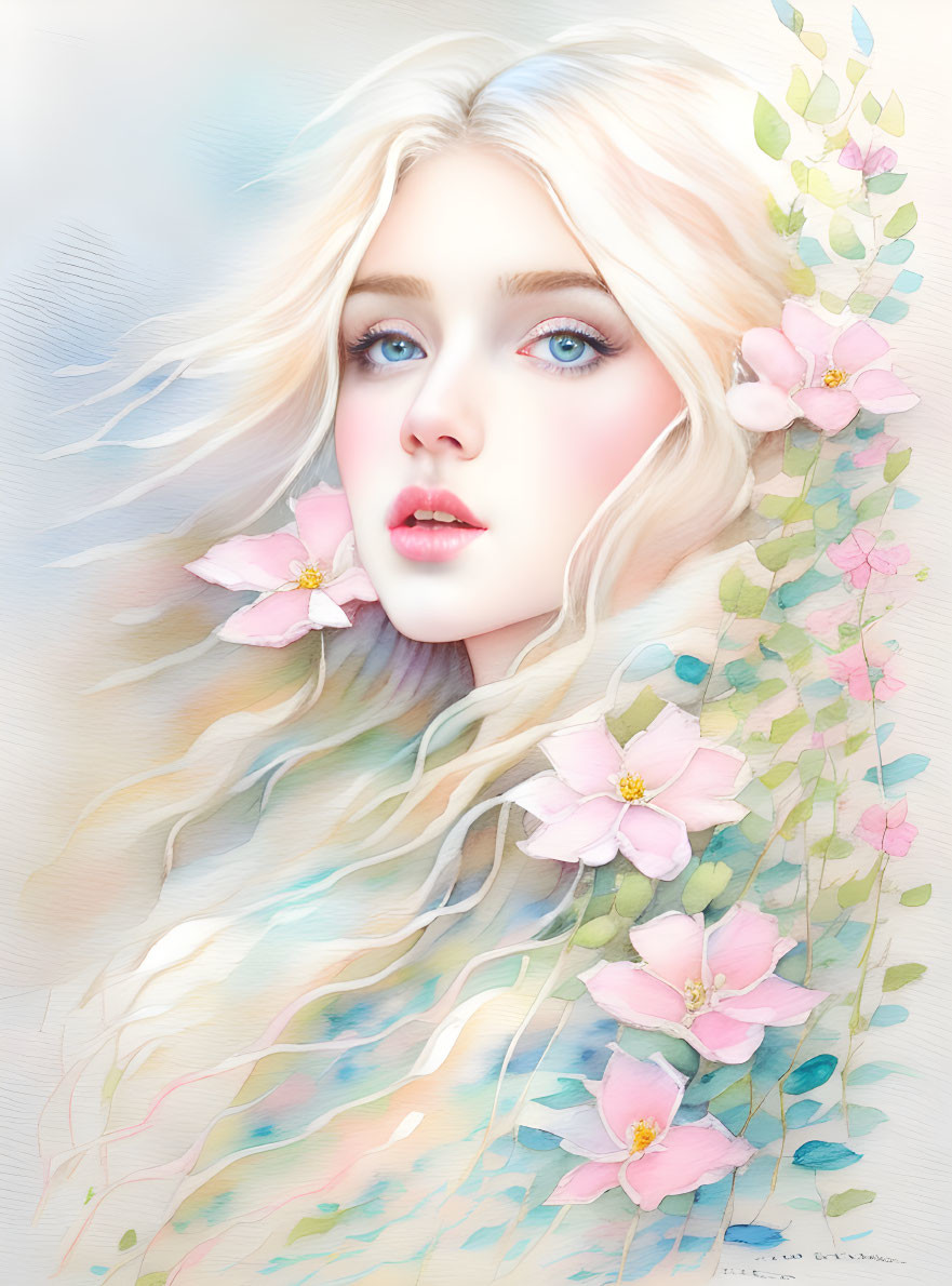 Illustration of pale-skinned woman with blonde hair, pink flowers, green leaves, blue eyes,