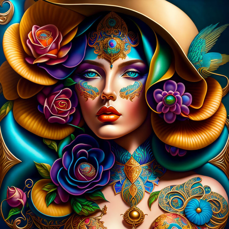 Digital art: Woman with ornate floral and peacock motifs, blue eyes, golden jewelry