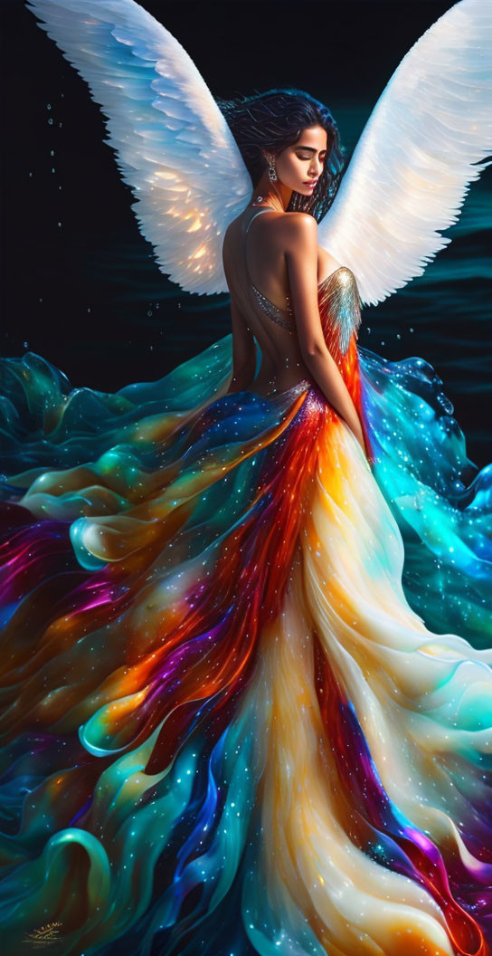 Profile of a woman with angelic wings in vibrant, multicolored gown against dark background