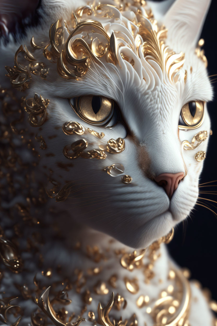 White Cat with Gold Filigree Patterns and Amber Eyes