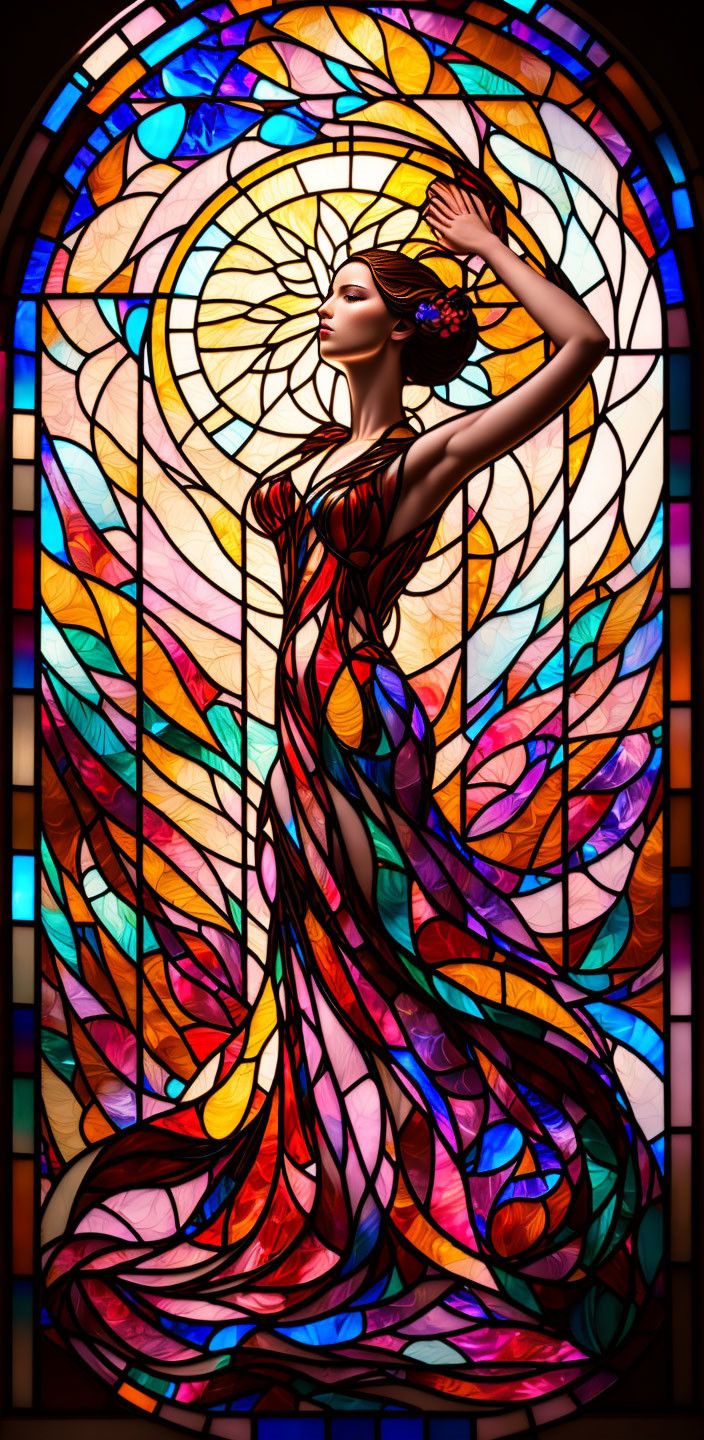 Colorful Stained Glass Window of Ethereal Woman in Flowing Robes