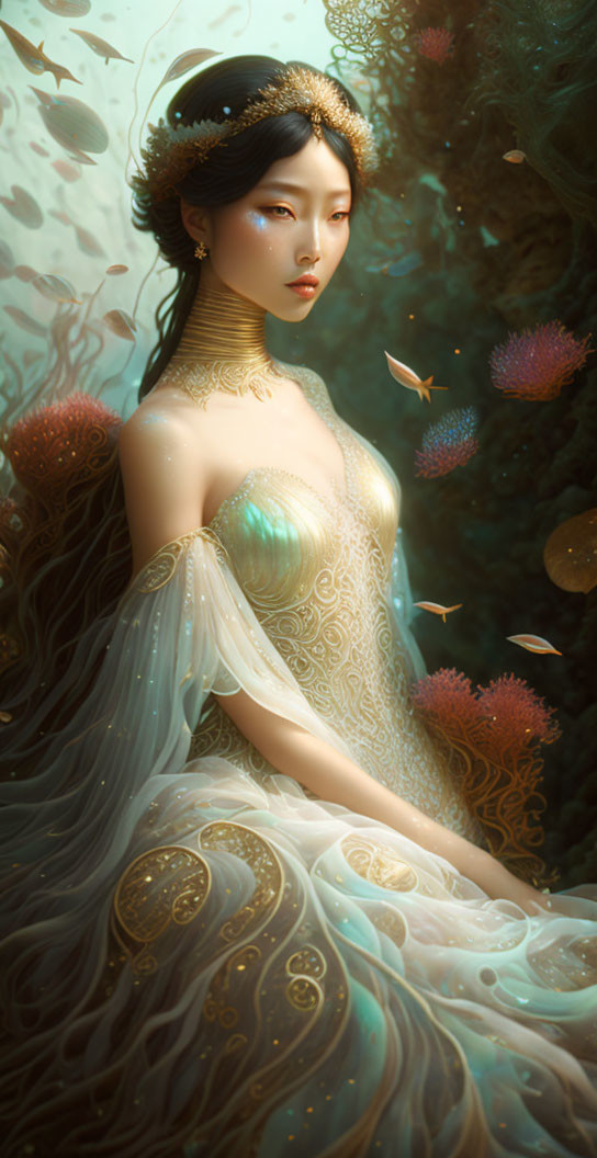 Ethereal woman with golden jewelry in underwater scene