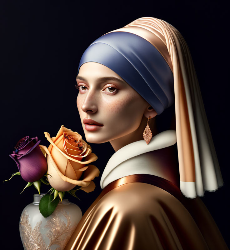 Woman in silk turban beside vase with roses in modern reinterpretation.