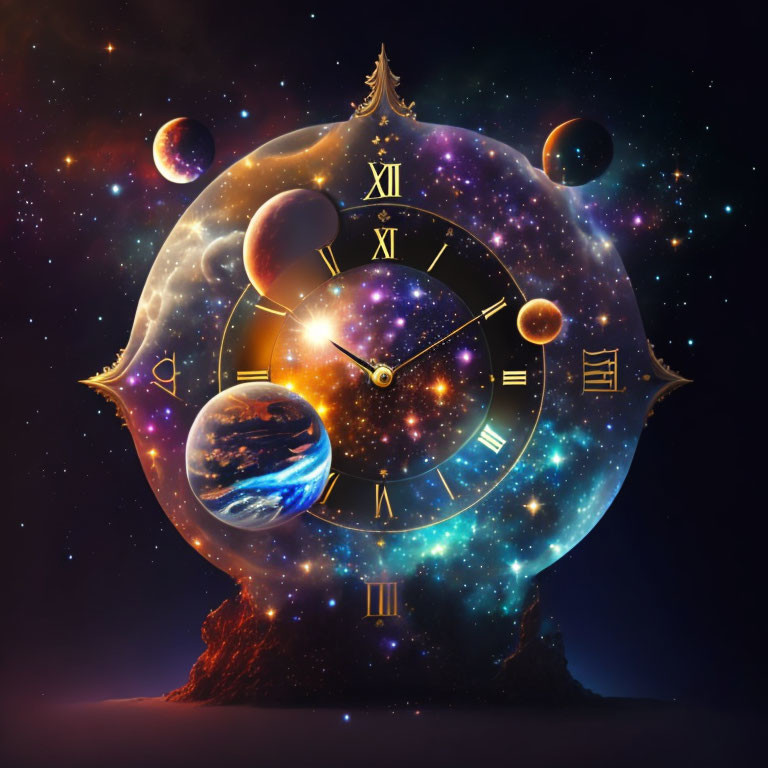 Surreal clock with Roman numerals on cosmic space backdrop