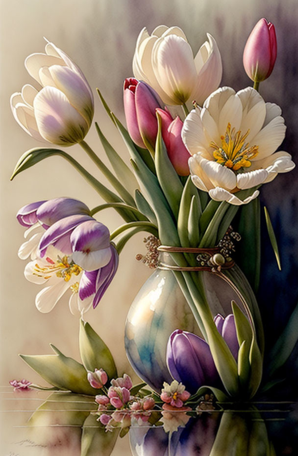 Purple, Pink, and White Tulips in Decorative Vase on Reflective Surface