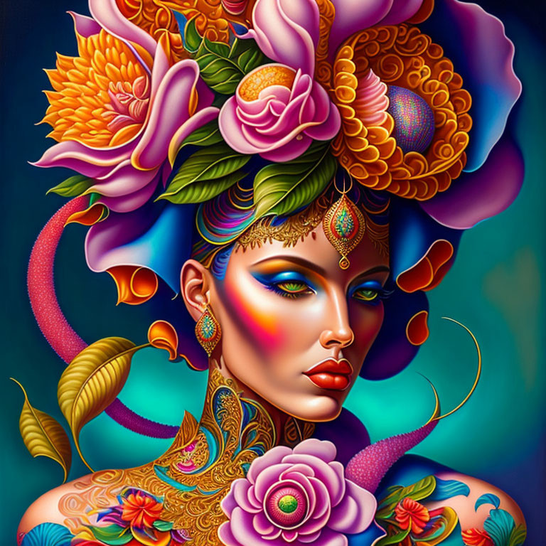 Colorful Woman Portrait with Floral Headpiece and Makeup