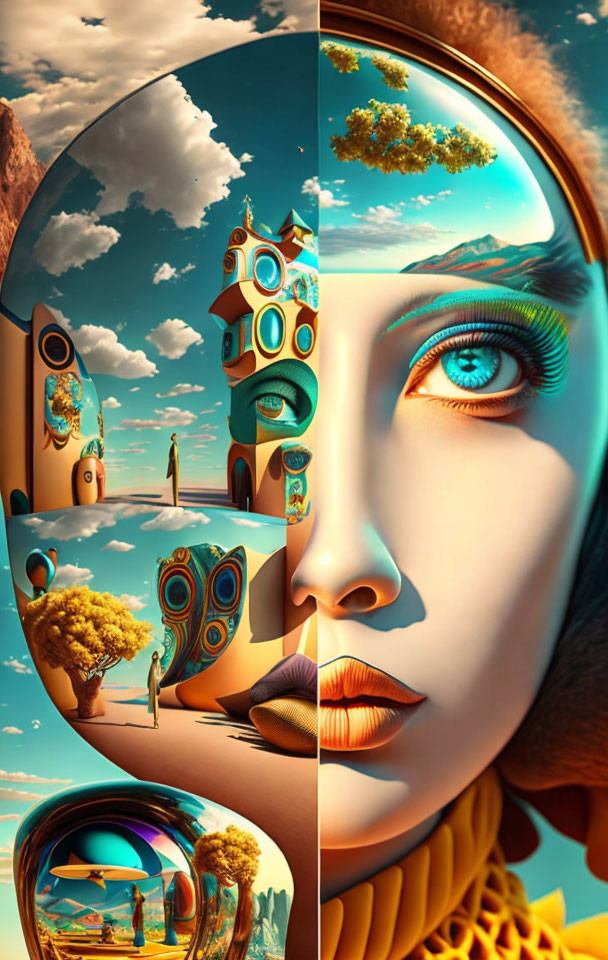 Surreal artwork: Woman's face, blue eyes, fantasy landscape, whimsical structures, mirror