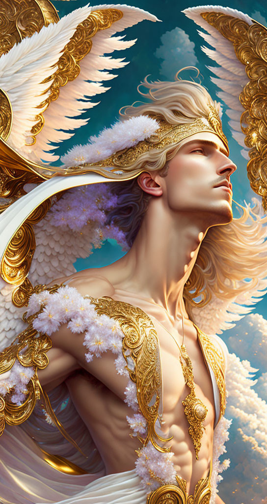 Golden-armored angel with white wings in heavenly setting.