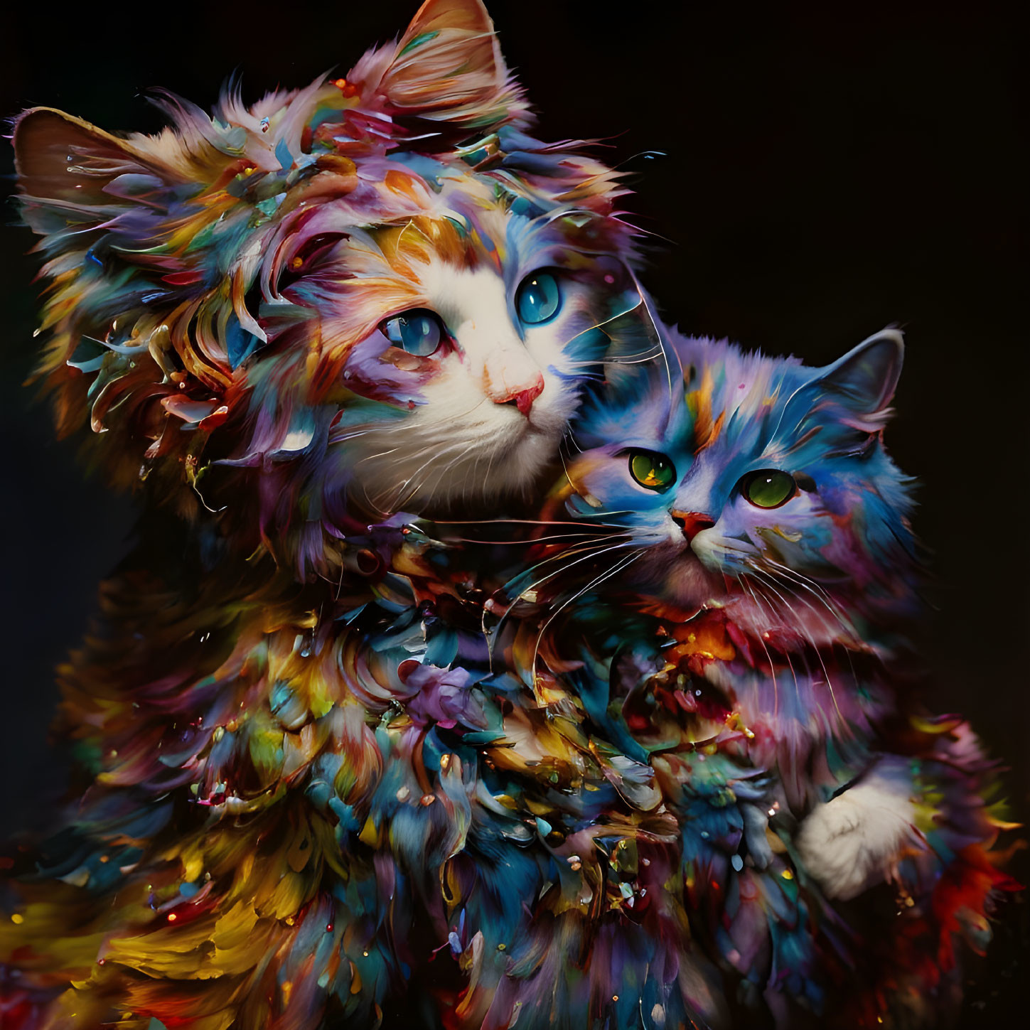 Multicolored artistic renderings of cats with vibrant hues and expressive blue eyes