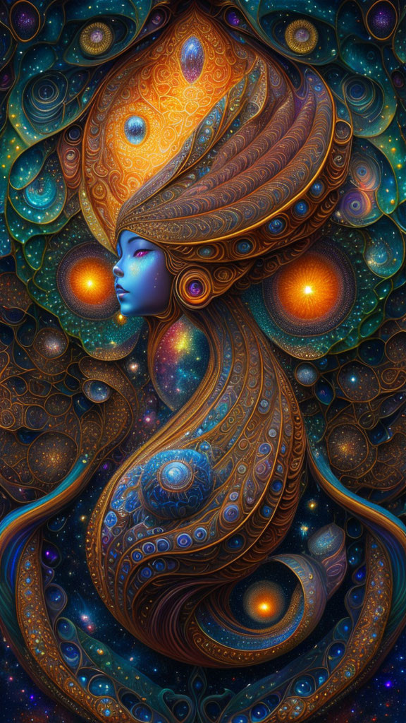 Surreal cosmic female figure with blue skin and swirling hair in starry space.