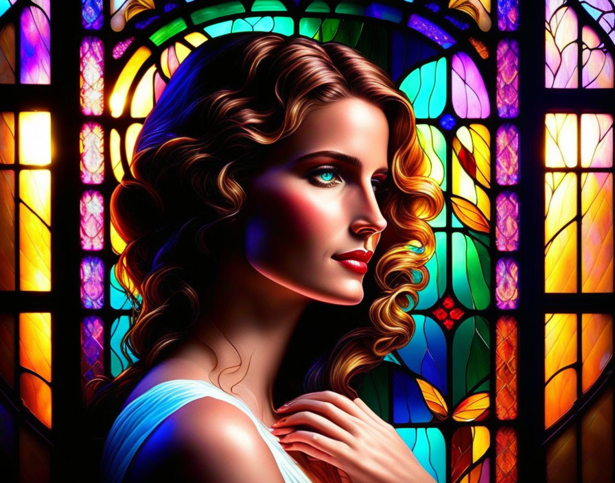 Colorful digital artwork of a woman with curly hair in stained glass style