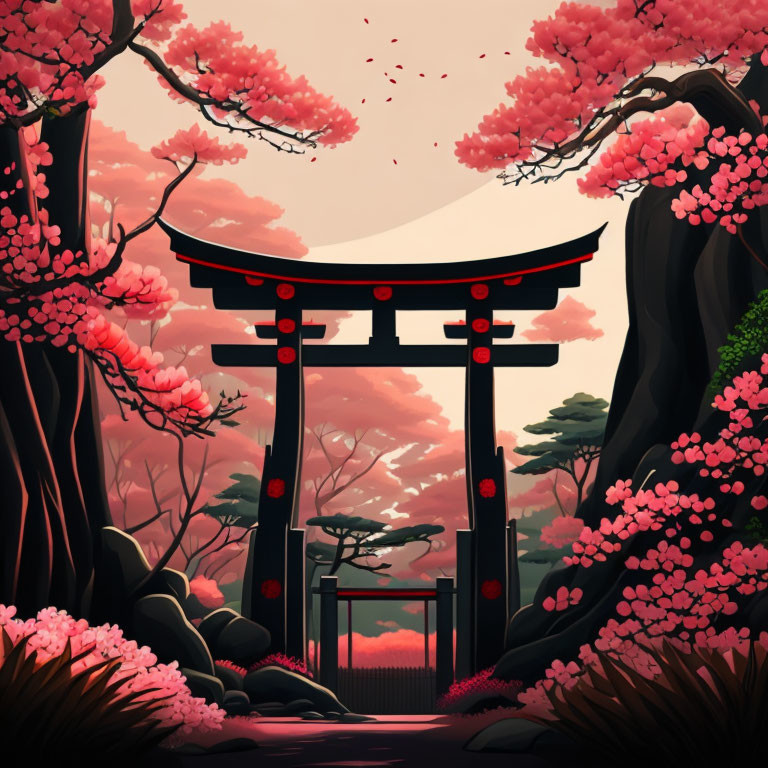 Traditional Japanese torii gate with blooming sakura trees under pastel sunset sky