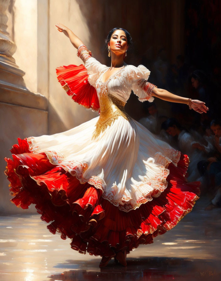 Graceful dancer in white and red dress spins in sunlit hall