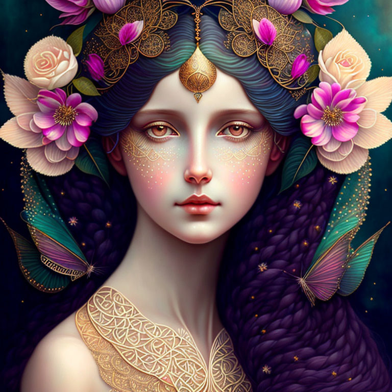 Portrait of woman with pale skin, golden tattoos, flower headdress