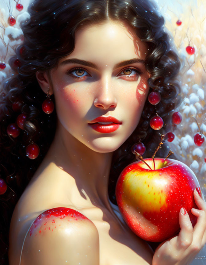 Portrait of Woman with Curly Hair Holding Red Apple and Surrounded by Berries