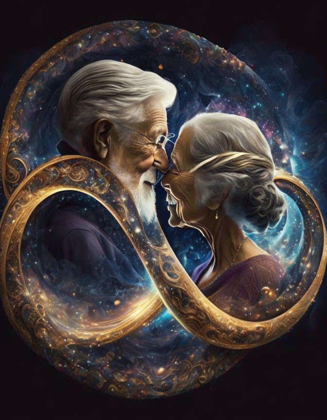 Elderly Couple with White Hair in Cosmic Infinity Symbol