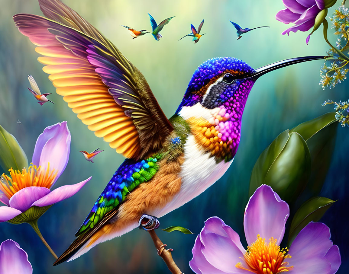 Vibrant hummingbird illustration with flowers in flight