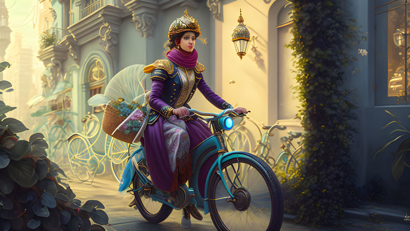 Royal figure in traditional attire rides vintage bicycle through lantern-lit alley