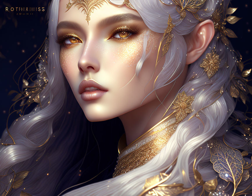 Fantasy digital art: White-haired female with gold leaf accessories and intricate gold makeup.