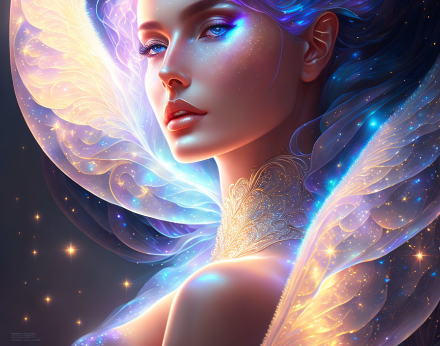 Mystical female figure with fairy wings and celestial theme