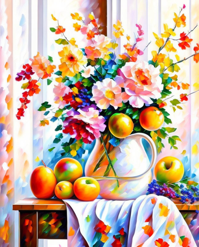 Colorful Still Life Painting with Flowers, Fruits, and Abstract Background