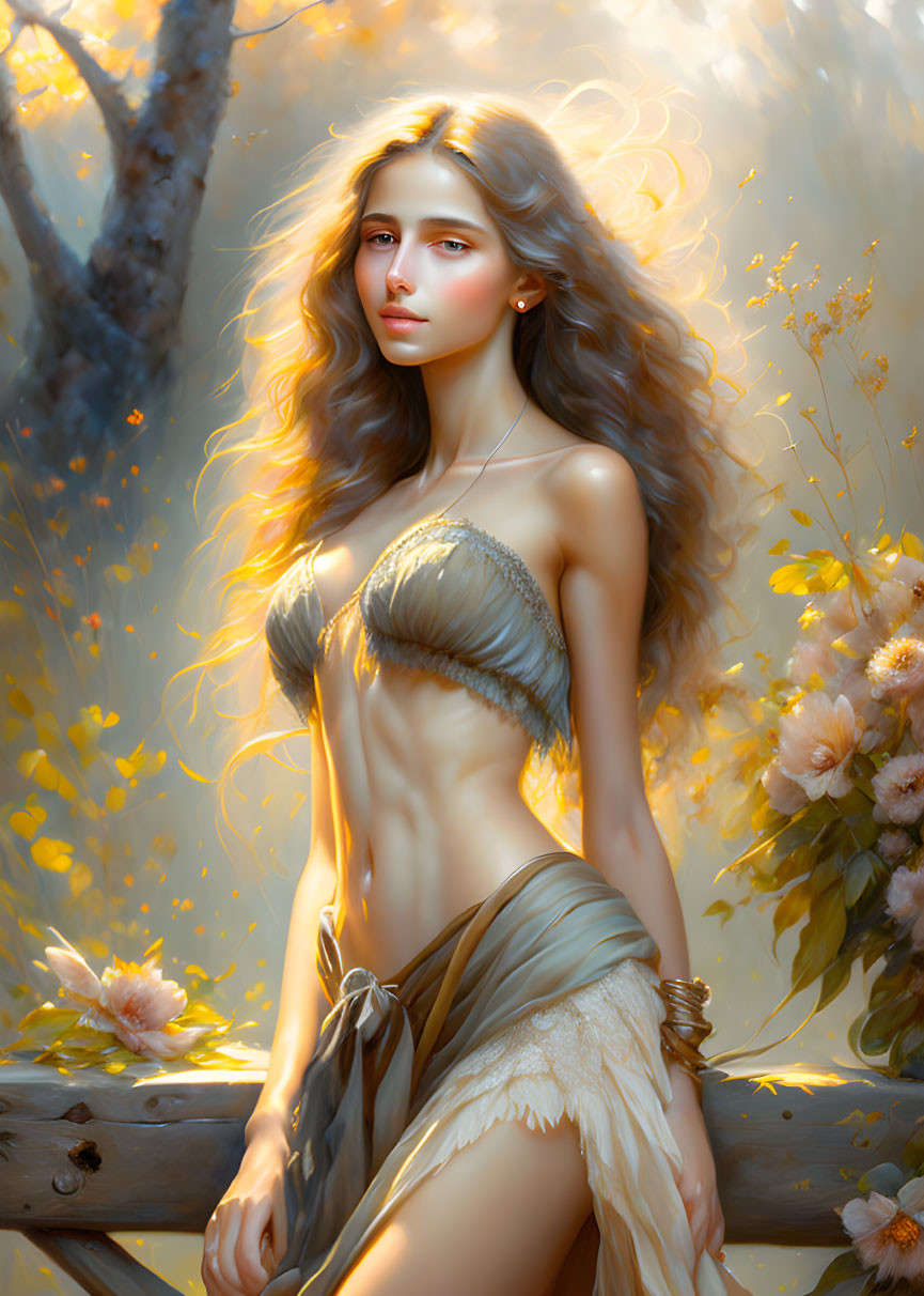 Ethereal woman in golden dress surrounded by light and flowers