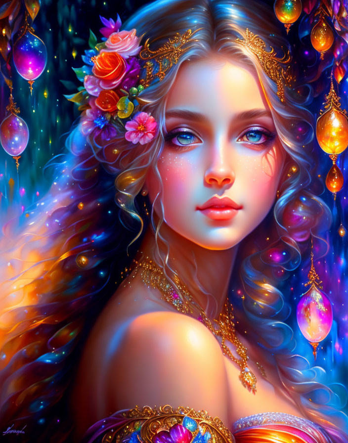 Vibrant digital art portrait of young woman with flowing hair and flowers