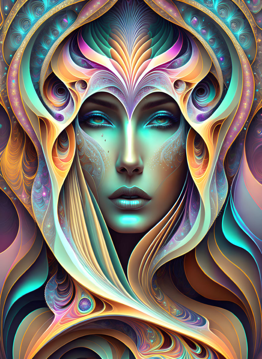 Vibrant digital art portrait of a stylized woman with elaborate headpieces and swirling patterns in blues