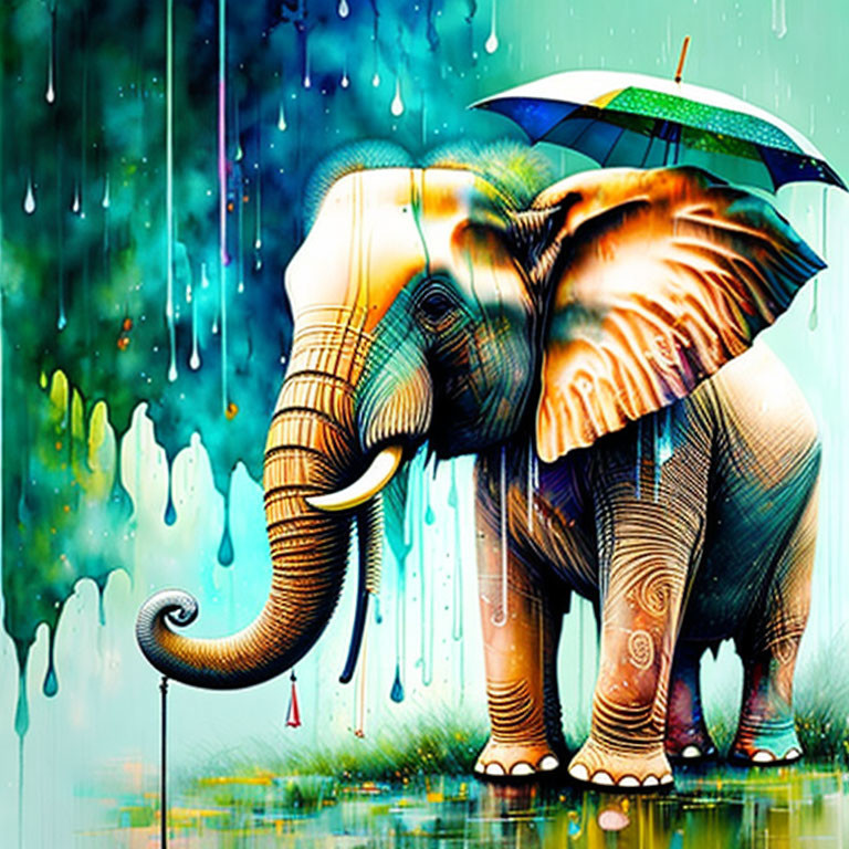 Colorful Elephant with Umbrella in Surreal Rain Shower